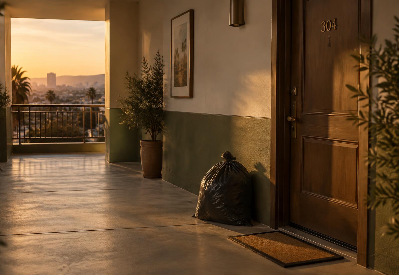 Tied trash bag beside an apartment door at sunset